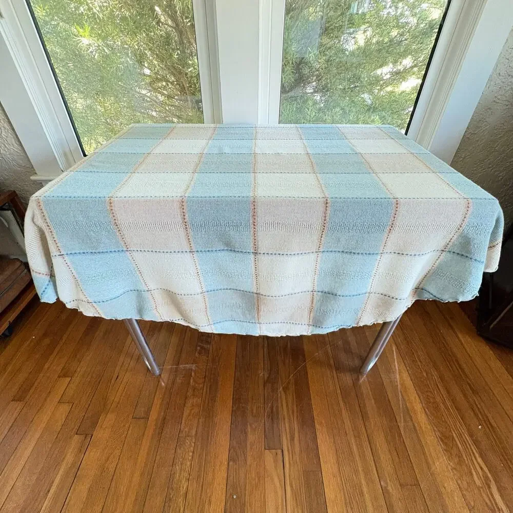 Vintage Blue Cream Plaid Round Tablecloth 64 Inch